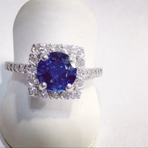 Sapphire with Diamond Halo 14K White Gold Ring